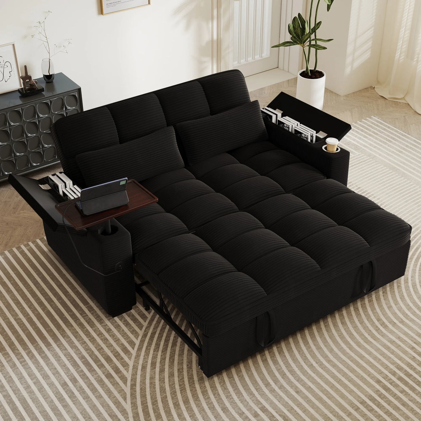 Convertible Folding Sofa Bed With Corduroy Fabric And USB Charging