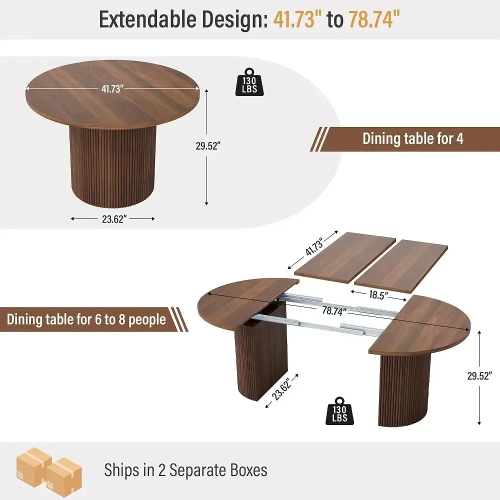 HOT 41 in-78 in Extendable Dining Room Table for 4-8, Round Expandable Kitchen Table with Fluted Base, Modern Farmhouse