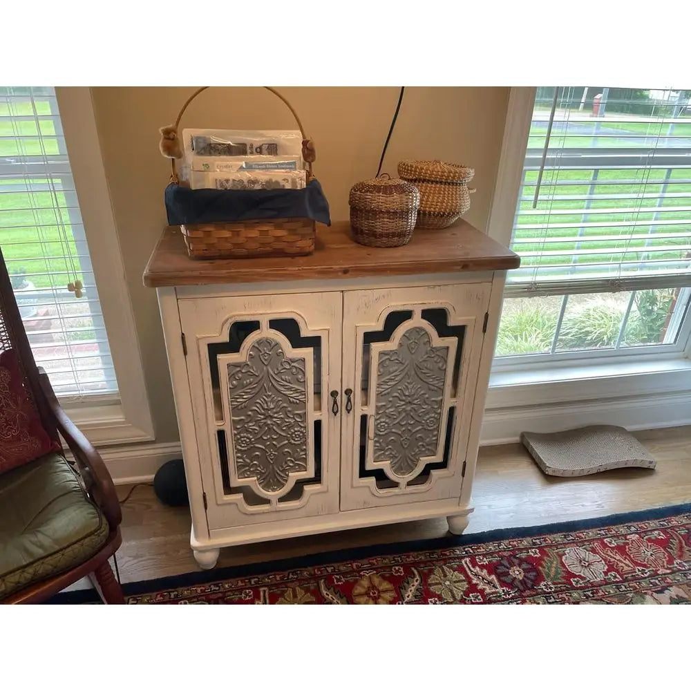 Accent Cabinet with 2 Doors, Farmhouse Decorative Storage Cabinet with Solid Wood Frame amp Legs for Living Room Entryway Small