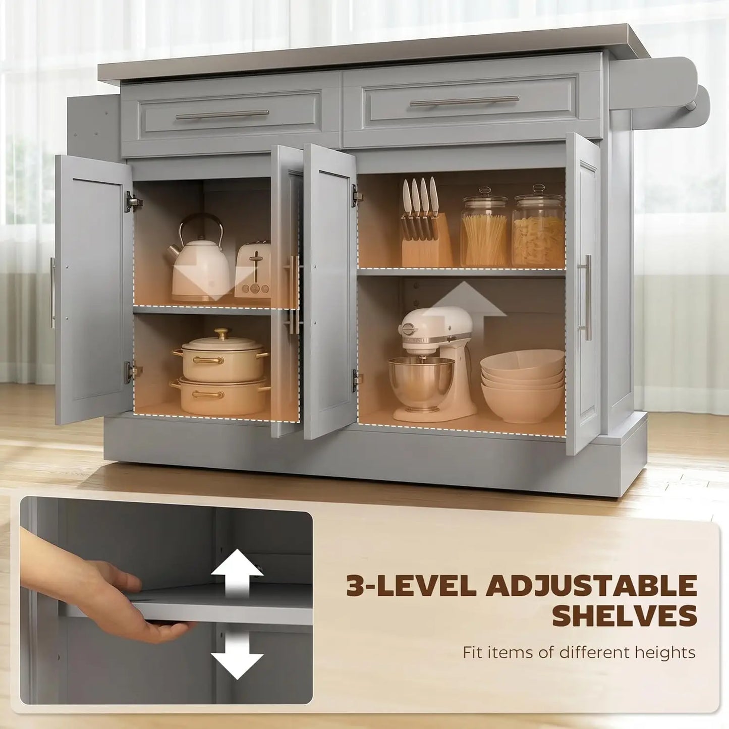 Rolling Kitchen Island Cart 47" Stainless Steel Top, Portable Table with Wheels Adjustable Shelves 2 Drawers Spice Knife Towel R