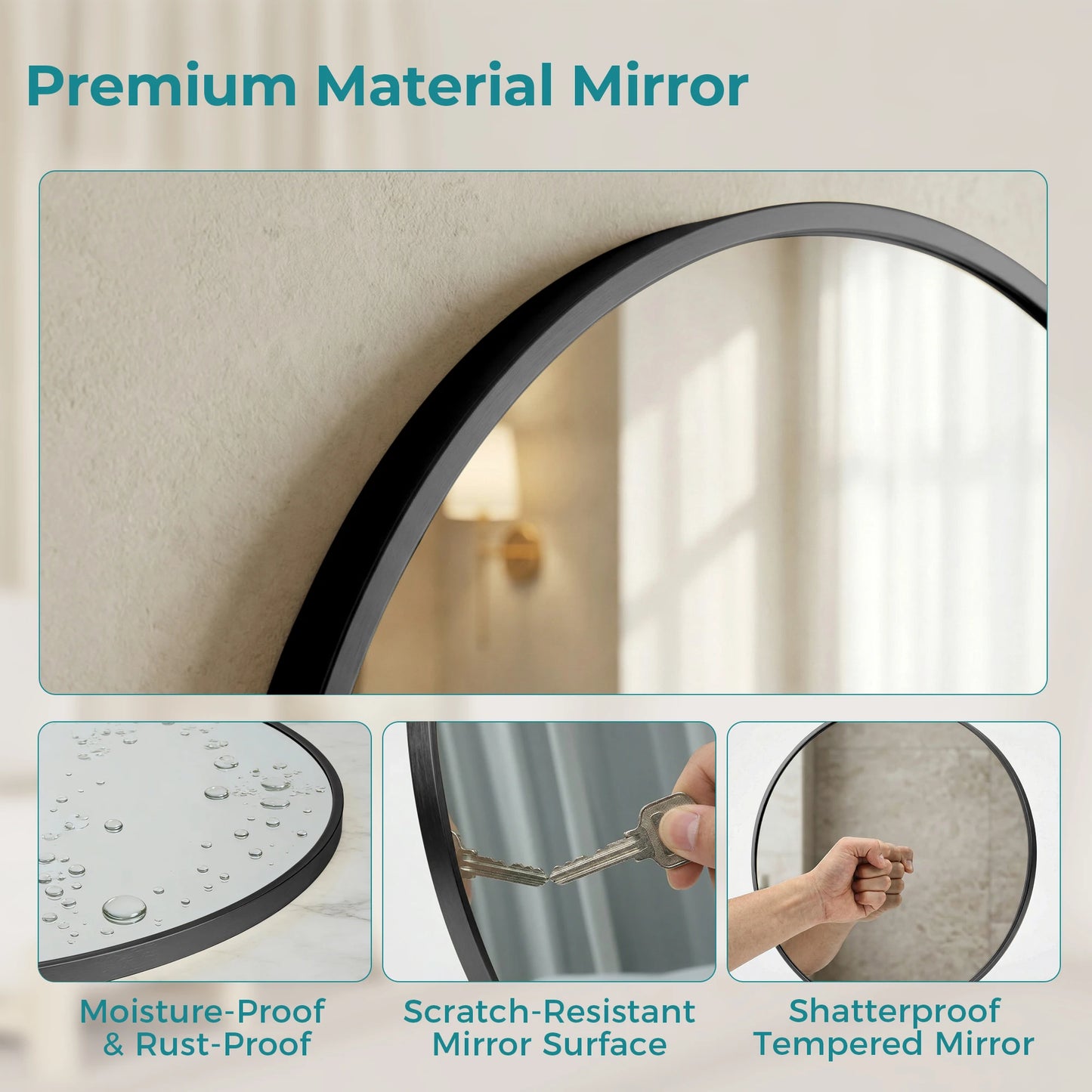 JHK Round Wall Mirror Tempered Glass Waterproof Decorative Room Accent