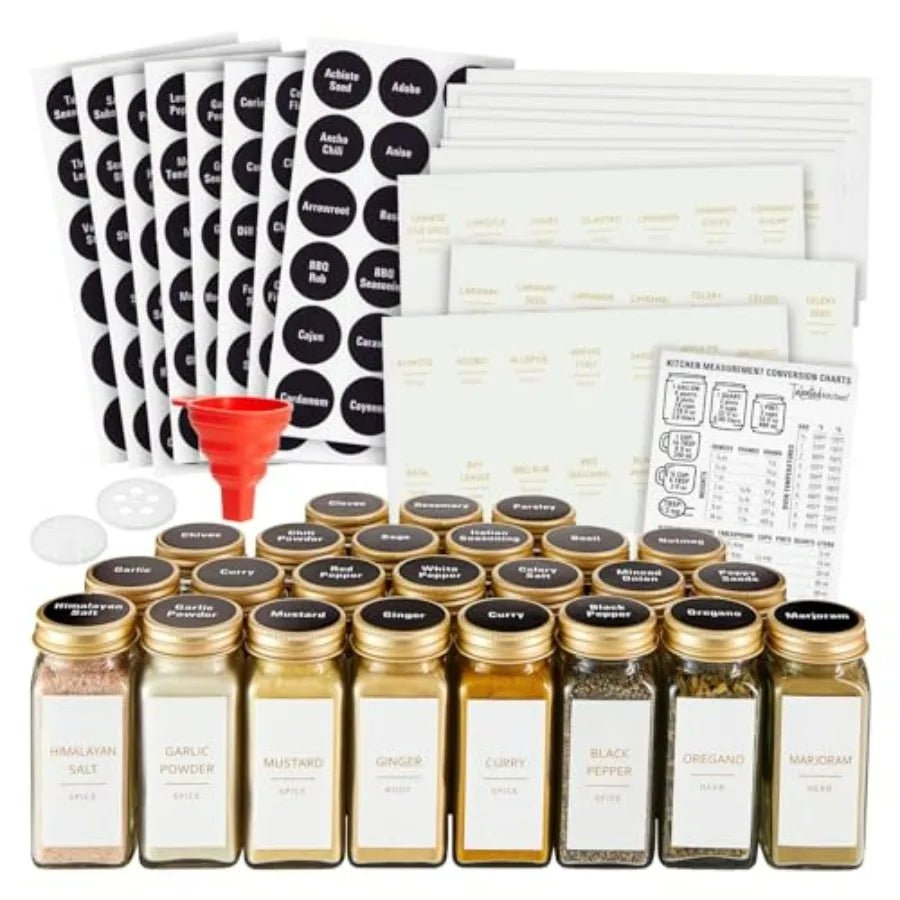 24-Pack Glass Spice Jars - 4 Oz Square Bottles & Gold Metal Caps - Refillable Shaker & Pour Lids, 284 Preprinted Stickers - Seas