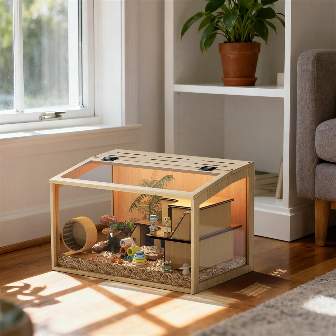 Sturdy Wooden Hamster Cage Featuring Tempered Glass And Ventilation