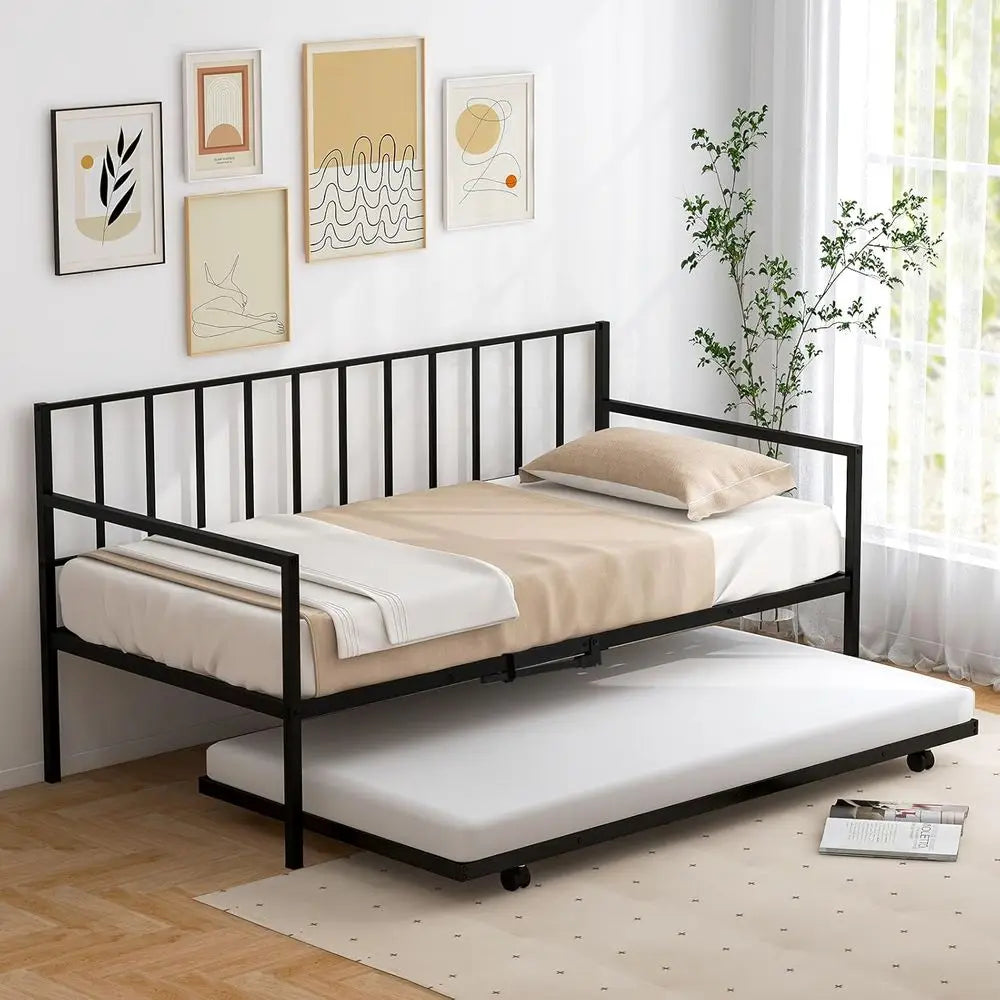 Metal Twin Daybed with Trundle, Casters, No Box Spring Needed, Suitable for Adults, Teens, Kids, Living Room, Guest Room, Black