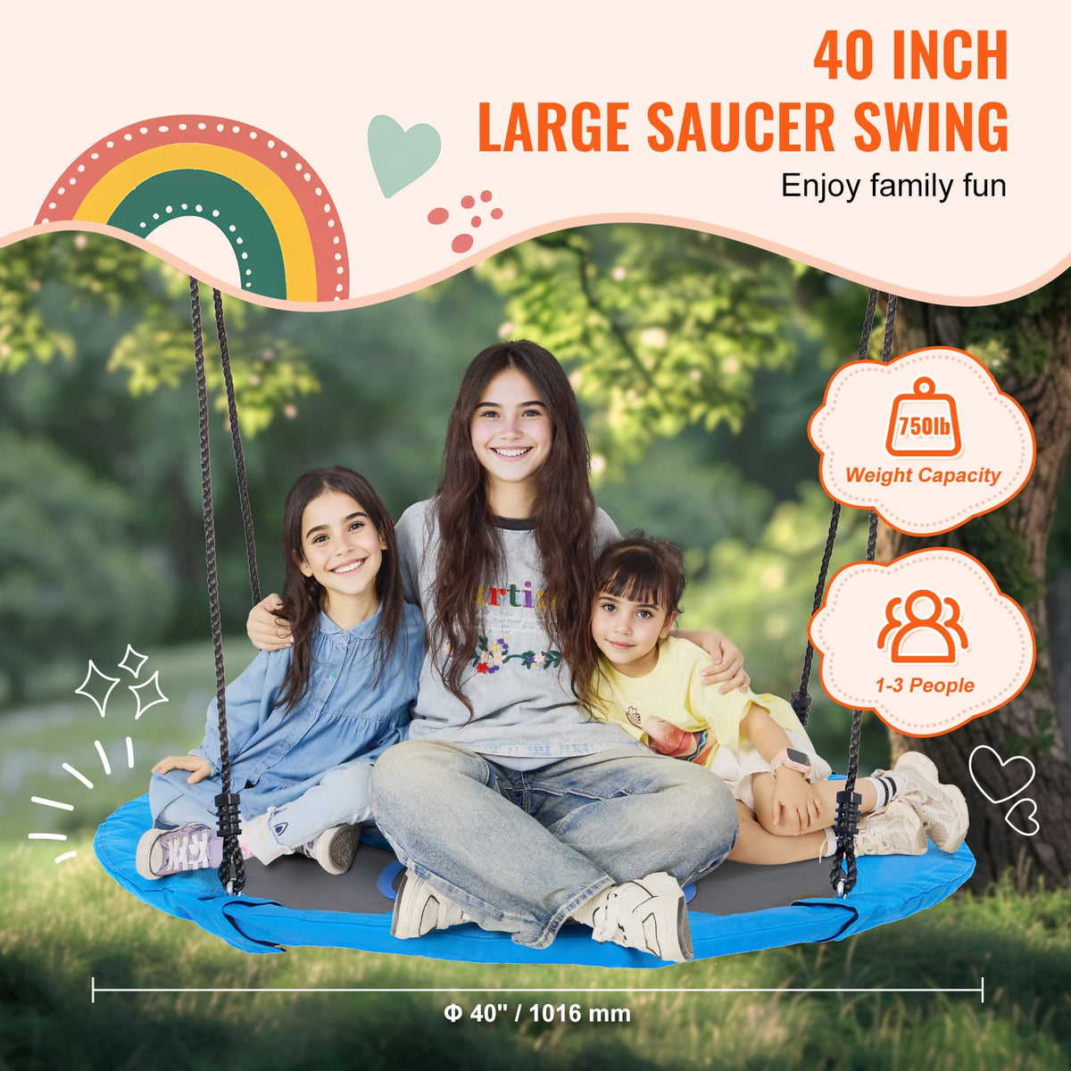 SucceBuy Tree Swing, 40In Saucer Swing 750lbs Capacity 900D Oxford Fabric Swing Seat with 2 Hanging Straps for Kids Outdoor Blue