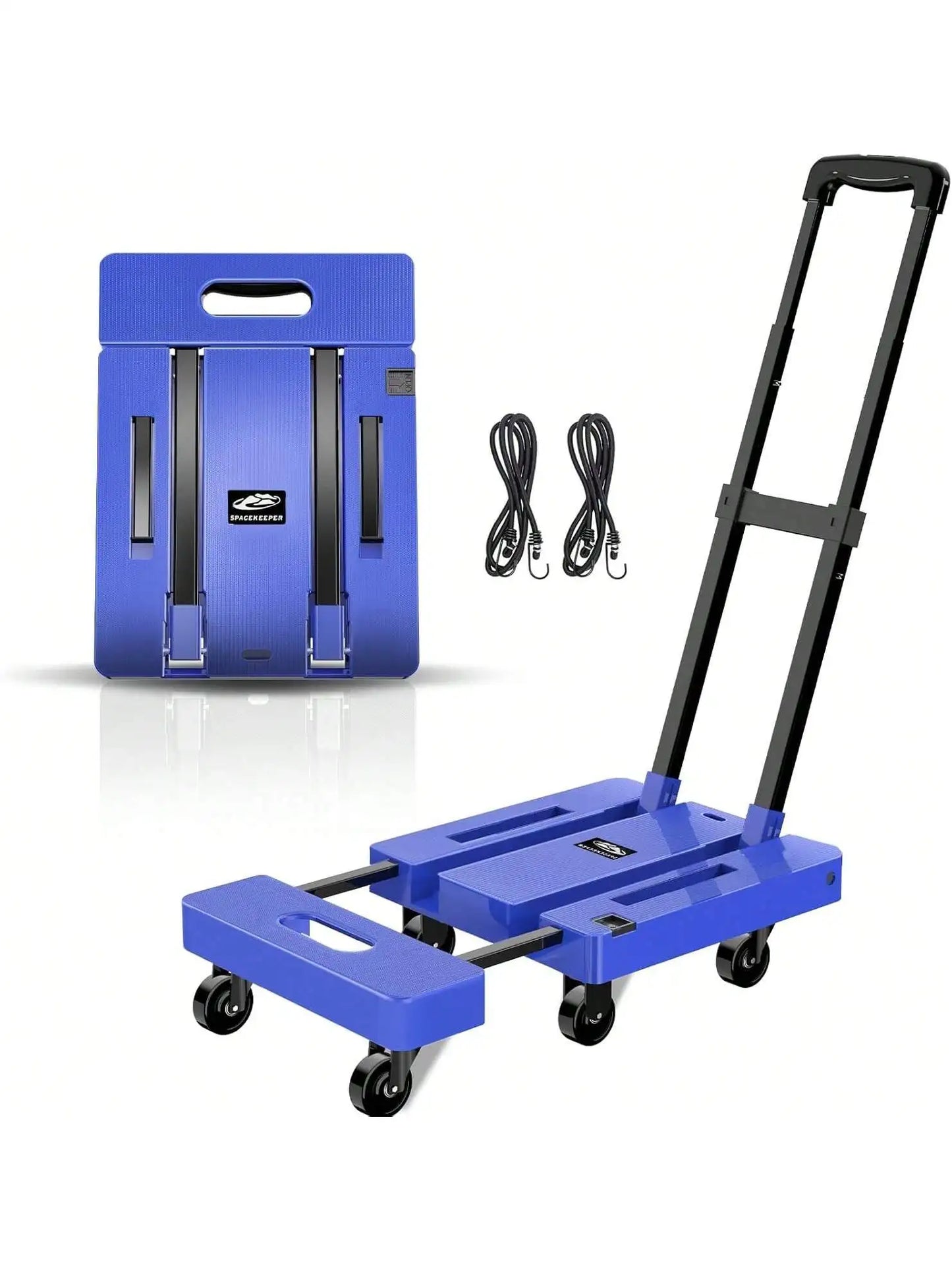 SPACEKEEPER Folding Hand Truck, 500 LB Heavy Duty Luggage Cart, Utility Dolly Platform Cart With 6 Wheels & 2 Elastic Ropes For