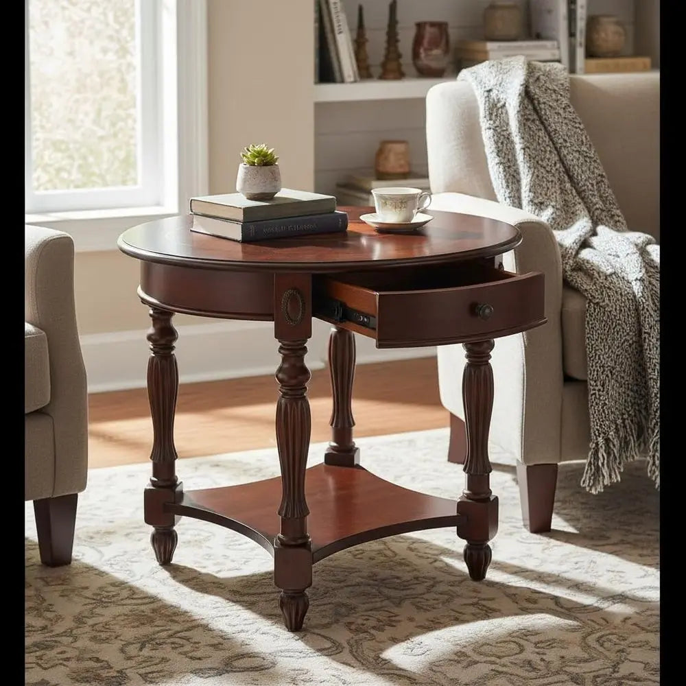 Wood End Table with Drawer, Oval Sofa Side Table, Storage Shelf, Living Room Corner Table, Nightstand, 24H Cherry Walnut CJZ153