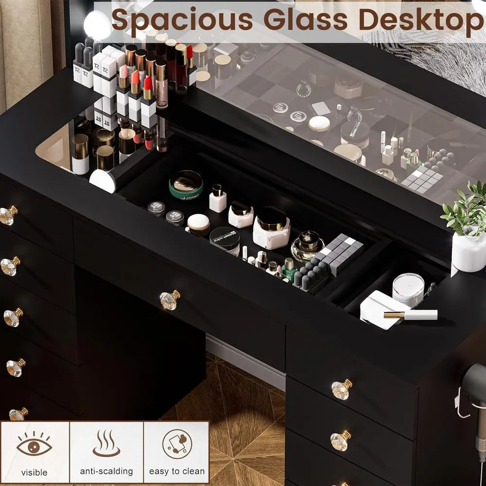 42.1 Vanity with Large Mirror and 10 LED Lights, Vanity Desk with Glasstop, 11 Drawers with Crystal Handles, Dressing Table wit