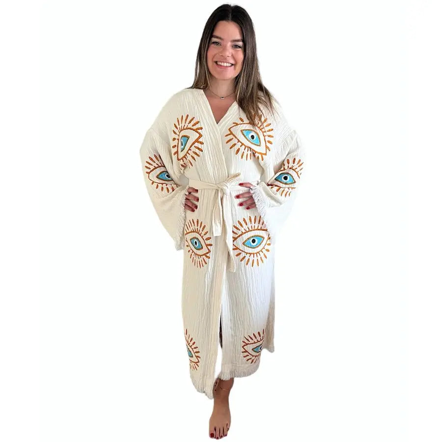 Evil Eye Kimono Beach Cover Up Boho Cotton Robe Festival