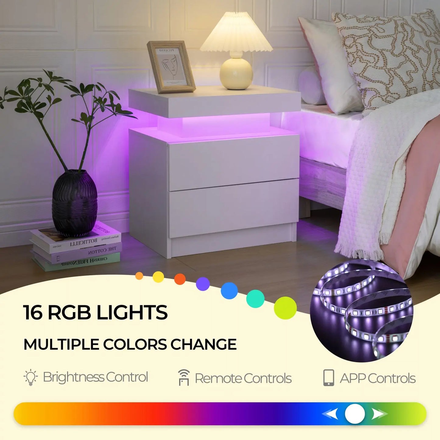 Cubehom White LED Nightstand With 2 Drawers And RGB Lights