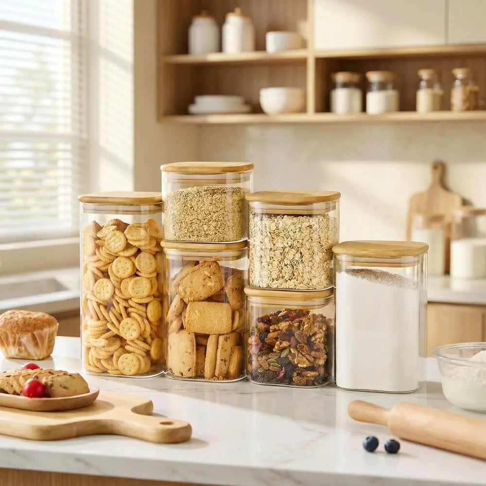 21oz 4 Pack Square Glass Jars with Bamboo Lids, Airtight Food Storage Containers, Pantry Storage for Coffee, Sugar, Spice, Meal
