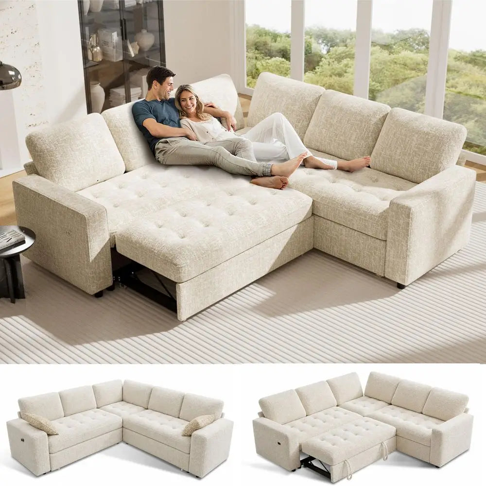 5 Seat L Shaped Modular Sectional Sleeper Sofa Bed with Pull Out Bed Reclining Backrest USB Ports Storage Seat, Sectional Sleep