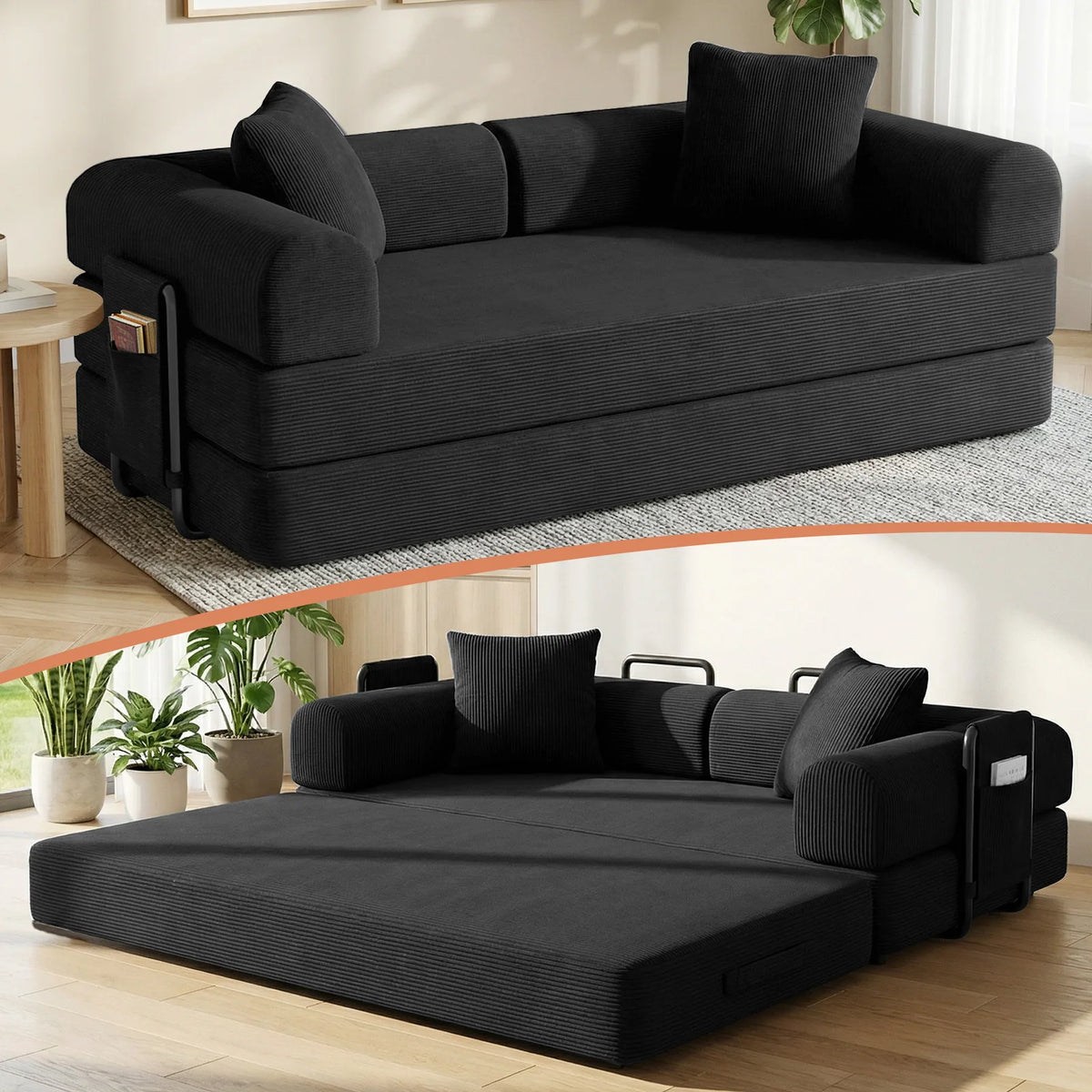 Convertible Compression Sofa Bed High Density Foam Corduroy Upholstery Space Saving Portable Sleeper Sofa for Guest Room Home