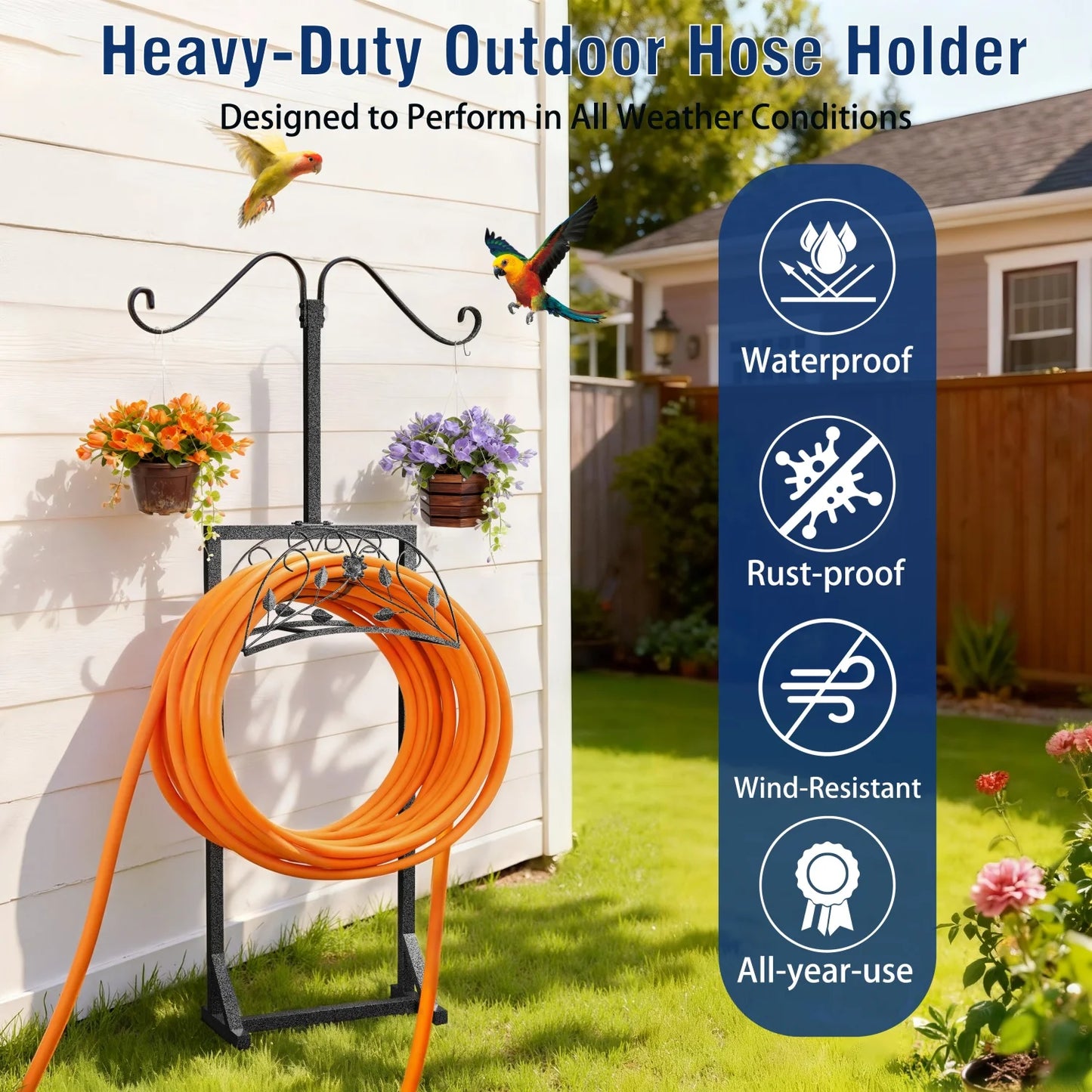 Freestanding Garden Hose Holder With 4 Spikes And 2 Hooks