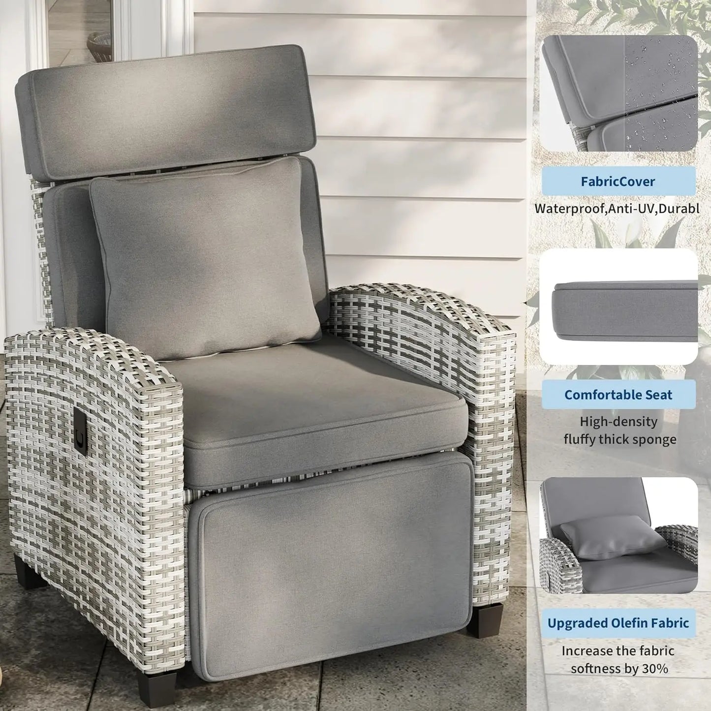 HiMISS Outdoor Wicker Recliner Chair With Cushion And Adjustable Back