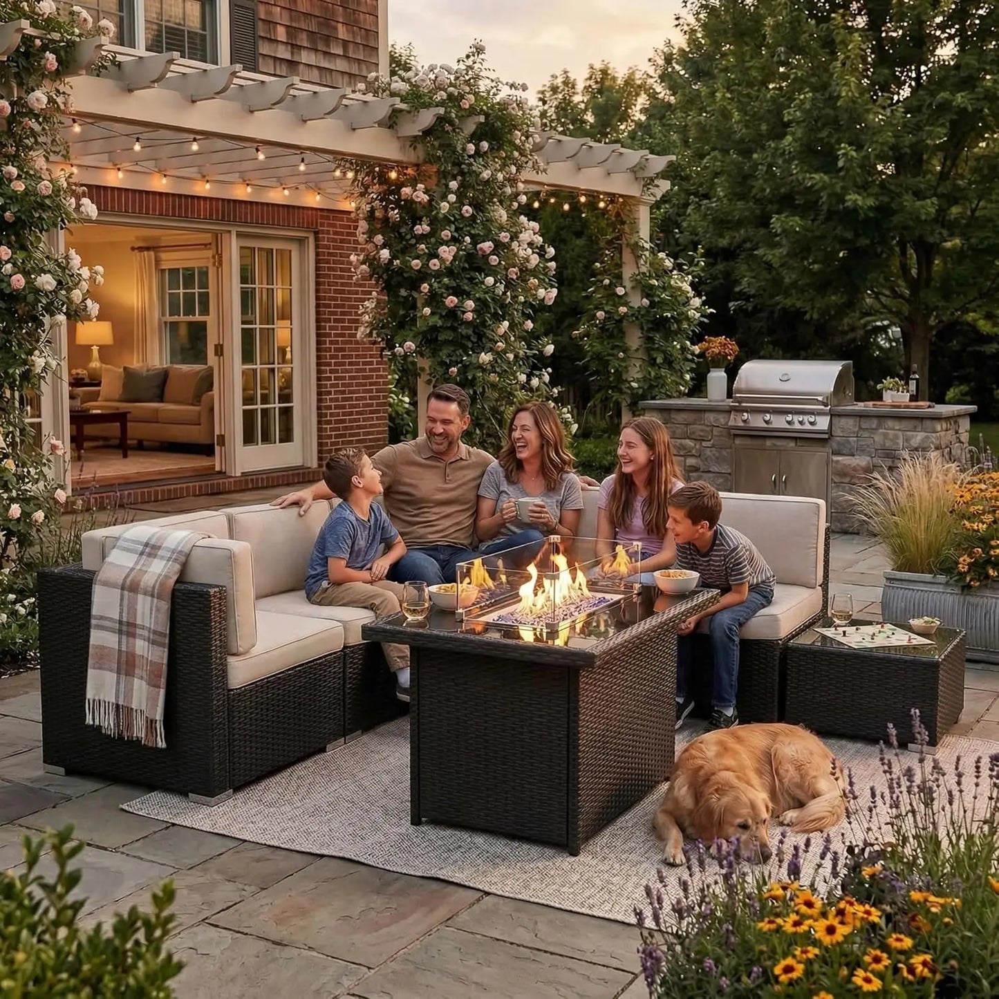 Xiaolang Modern Outdoor Patio Wicker Furniture Set With Fire Pit