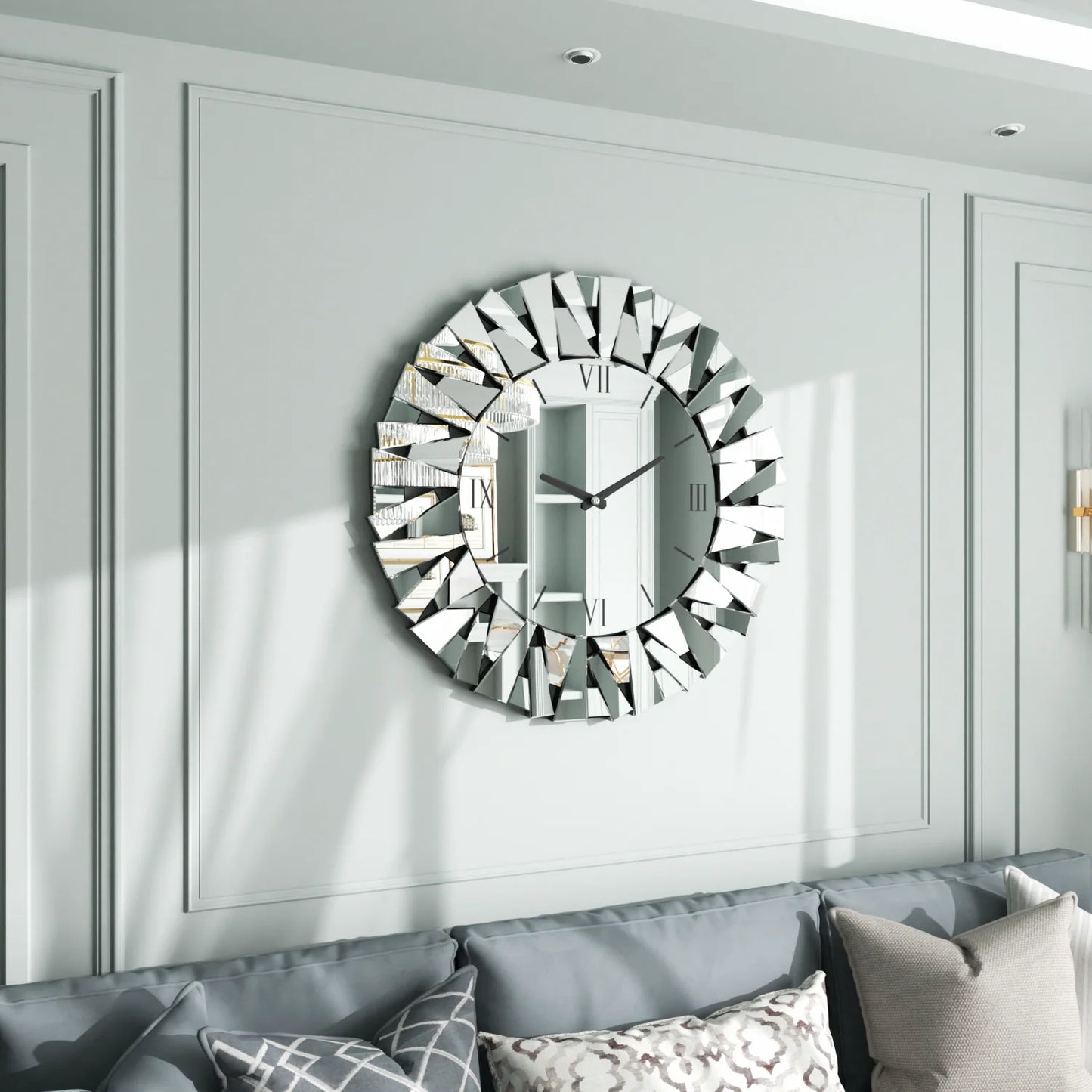80CM Large Wall Clock for Living Room Bedroom Fireplaces Decor Round Beveled Glass Edge Mirrored Wall Clock Silent Movement