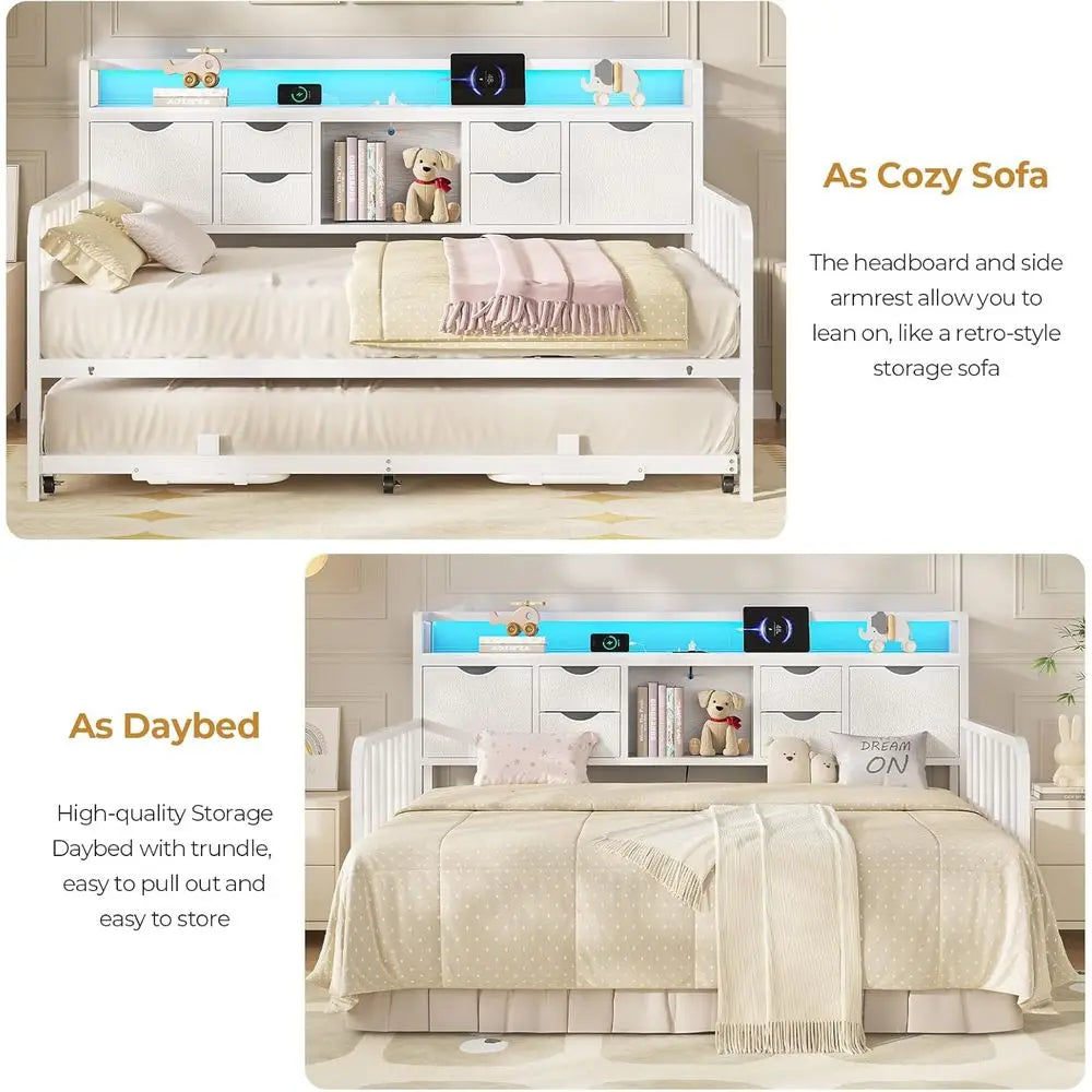 Twin Daybed with Trundle, Storage Drawer & Charging Station, Adjustable Metal Frame, Versatile for Living Spaces, White