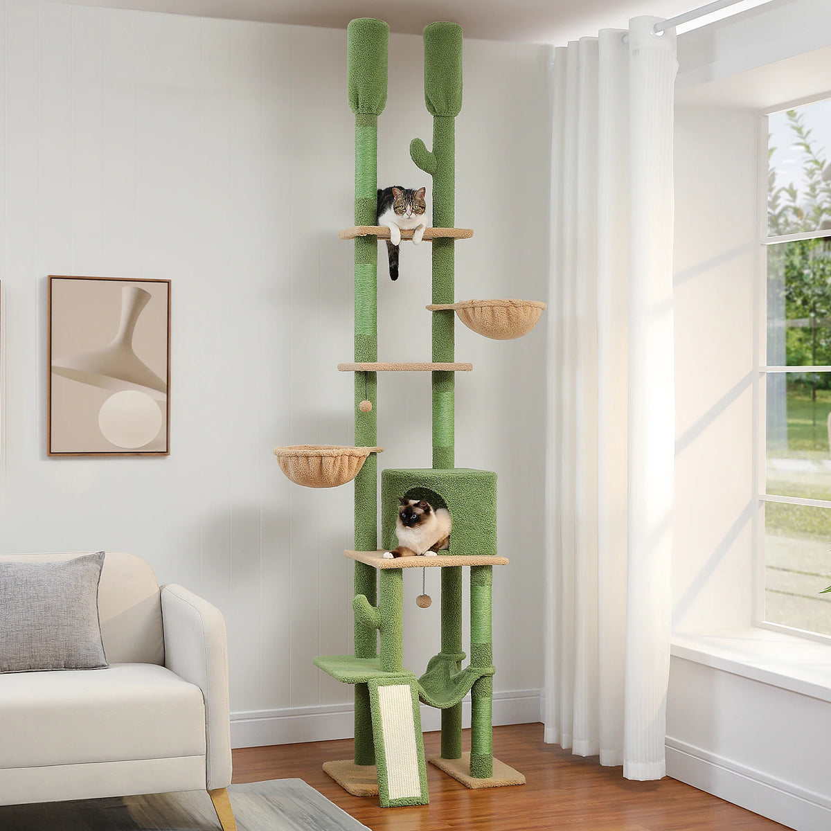 Floor to Ceiling Cat Tree for Indoor, Adjustable Height Tall Cat Tower with Sisal Scratching Post, Cozy Condo Hammock, Cat Toys