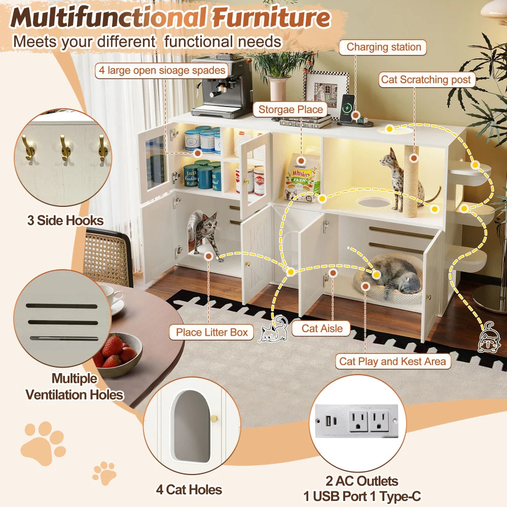 Farmhouse Cat Litter Box Enclosure Hidden Cat Washroom Built-in Scratching Post & LED Lights, Cat House with Storage Cabinets
