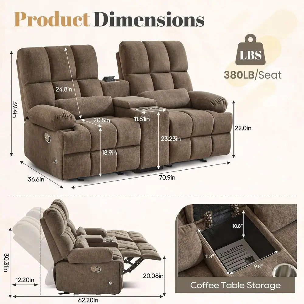 Rocking Reclining Loveseat, PetFriendly Fabric Sofa with 11 Deep Storage Console amp Hidden Outlet, Manual Recliner Couch with