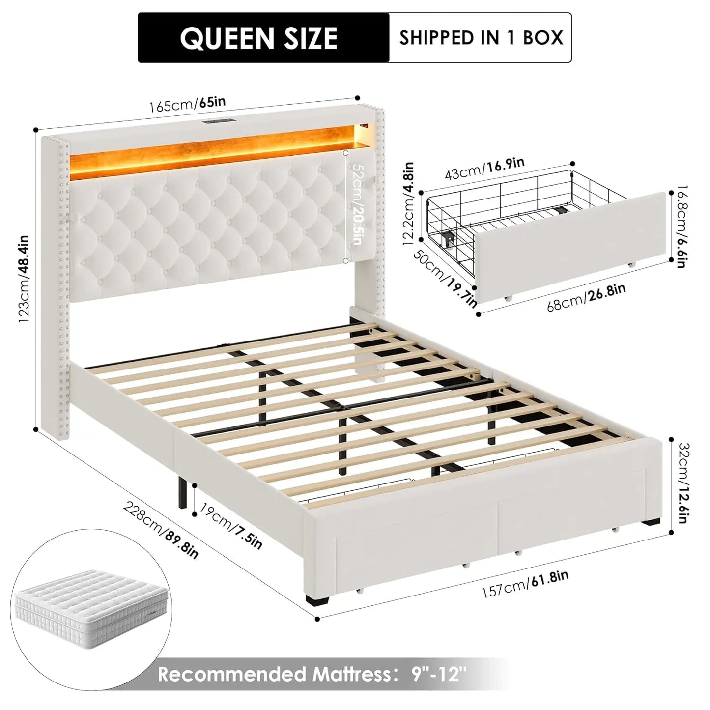 Queen LED Storage Bed Frame USB Charging Velvet Upholstered 2 Drawers Tufted Headboard No Box Spring, Customized