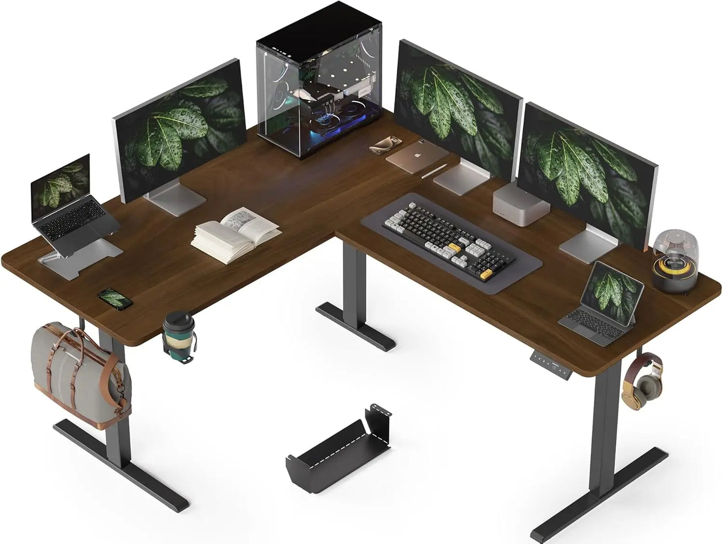 63X55 Inches Reversible L Shaped Standing Desk Height Adjustable with Cup Holder, Electric Corner Computer Desk, Sit Stand up
