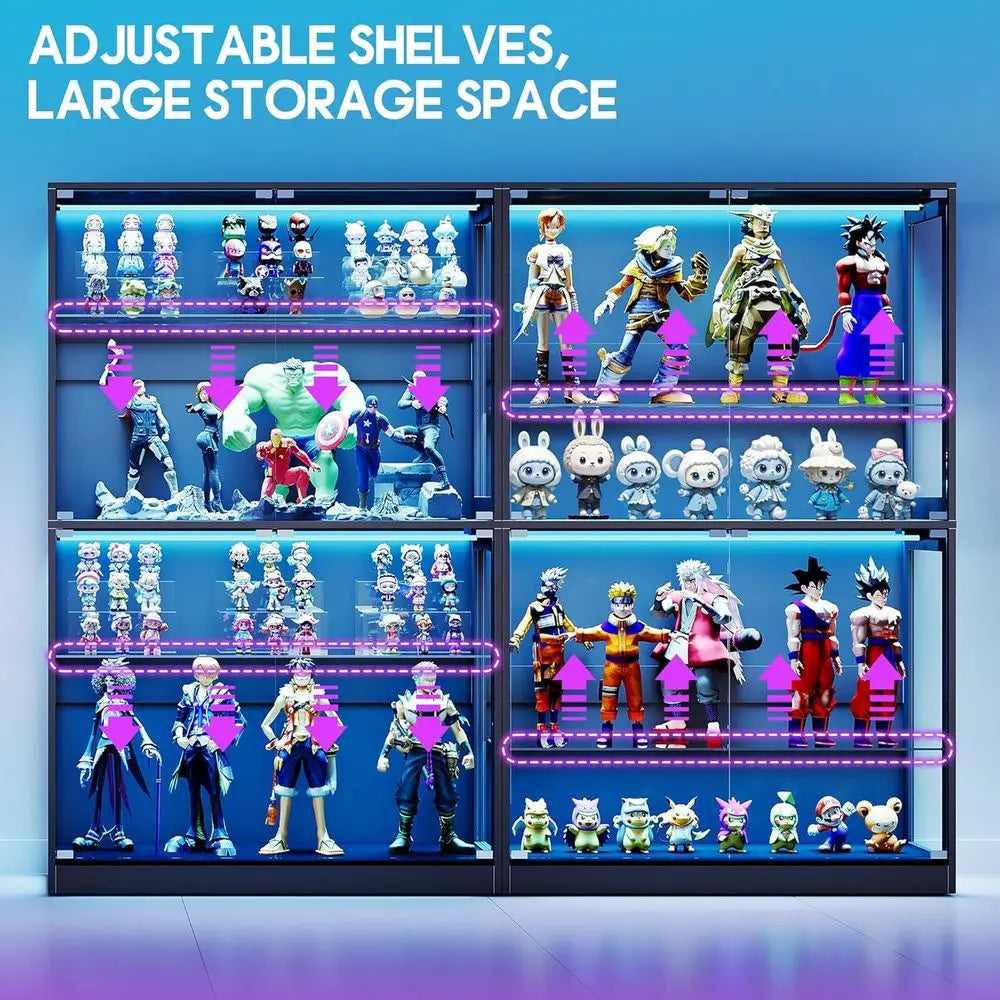 4-Tier LED-Illuminated Glass Display Cabinet with Adjustable Shelves for Collectibles, Black, 70H x 45L x 16D