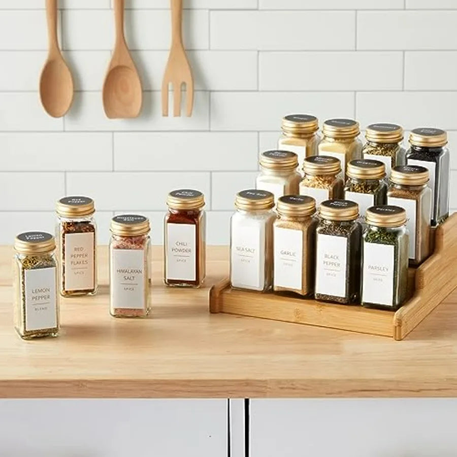24-Pack Glass Spice Jars - 4 Oz Square Bottles & Gold Metal Caps - Refillable Shaker & Pour Lids, 284 Preprinted Stickers - Seas
