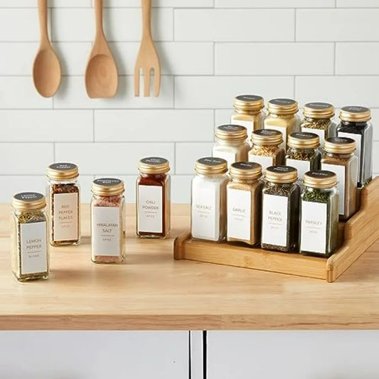 24-Pack Glass Spice Jars - 4 Oz Square Bottles & Gold Metal Caps - Refillable Shaker & Pour Lids, 284 Preprinted Stickers - Seas