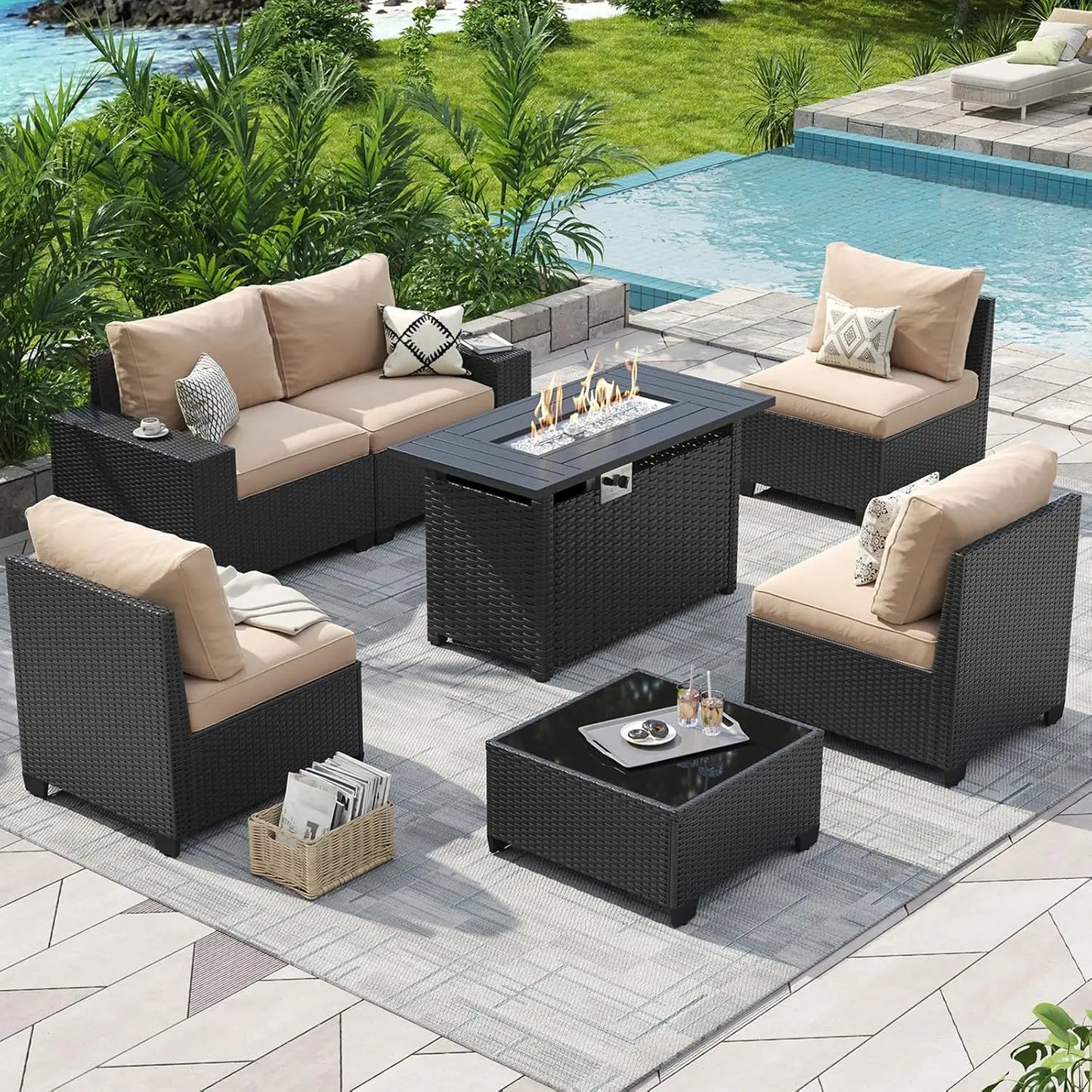 Outdoor Rattan Patio Sectional Set With Integrated Fire Pit Table