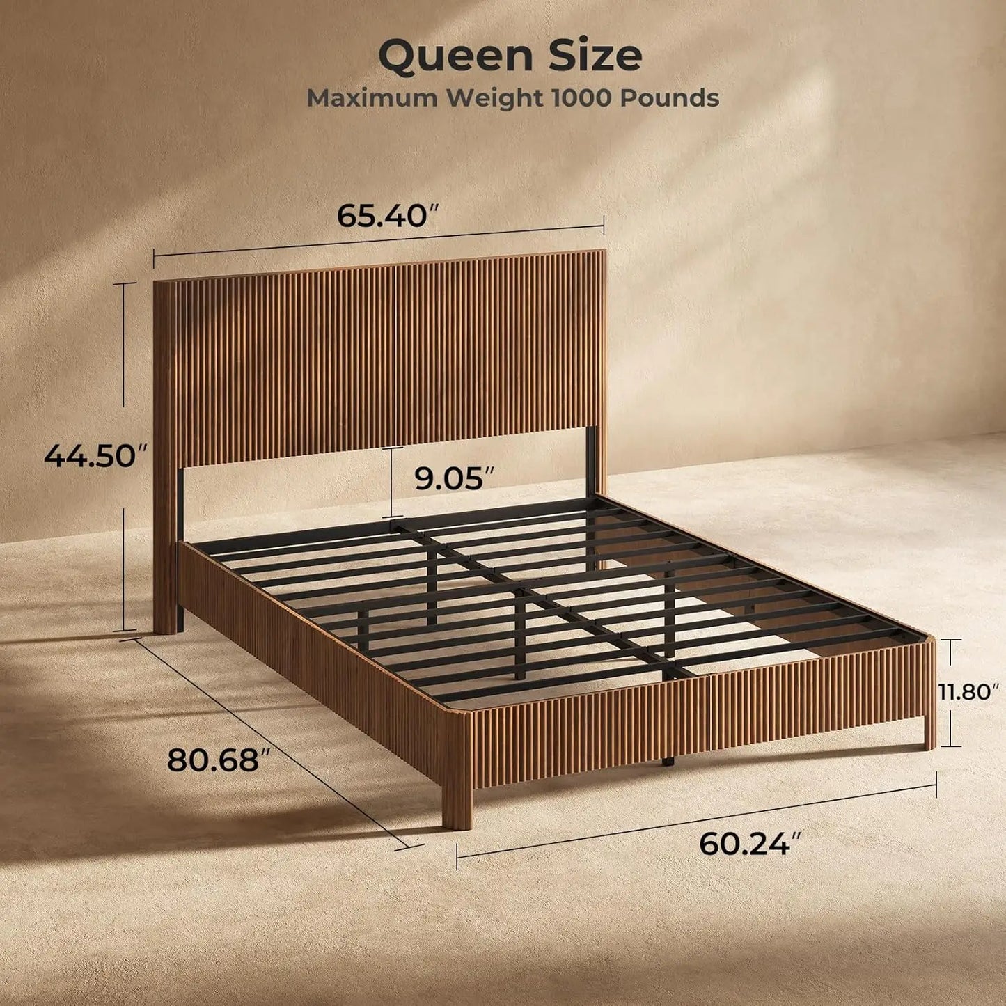 Walnut Queen Platform Bed Frame Fluted Mid Century Modern Boho No Box Spring Wavy Grooved Panel, Customized