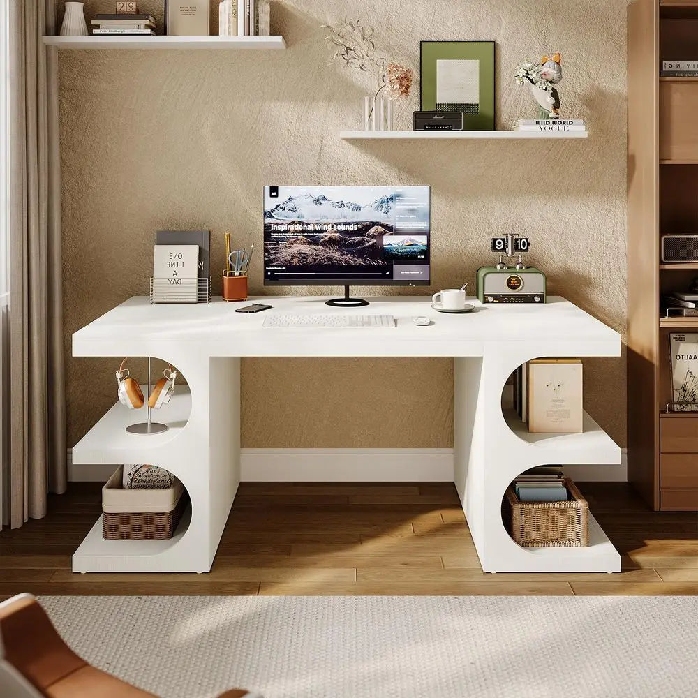 White Executive Office Desk, 63 Computer Desk with Storage Shelves, Modern Wood Study Writing Table, Large Workstation Business