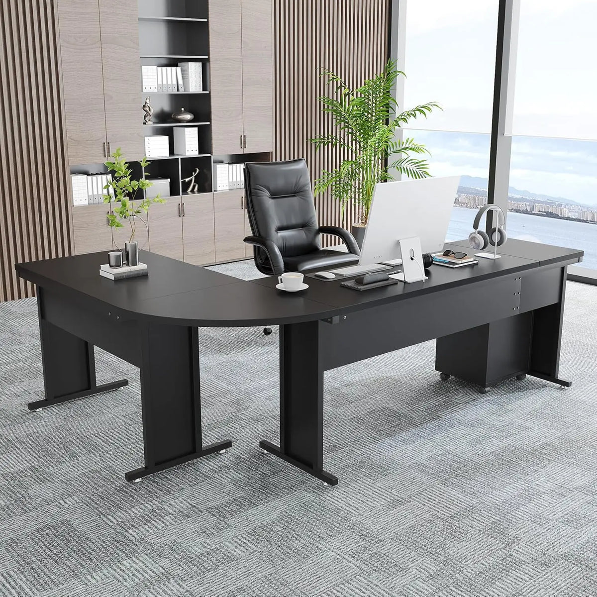 L Shaped Executive Desk with 3 Drawer File Cabinet Industrial Corner Computer Workstation for Home Office Black