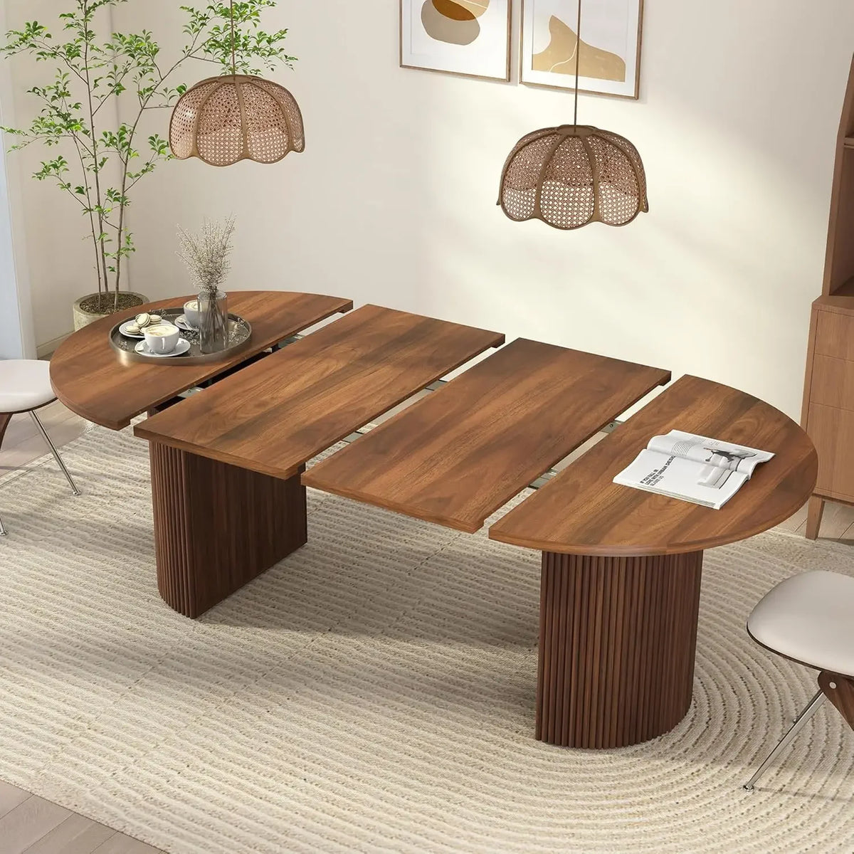 HOT 41 in-78 in Extendable Dining Room Table for 4-8, Round Expandable Kitchen Table with Fluted Base, Modern Farmhouse