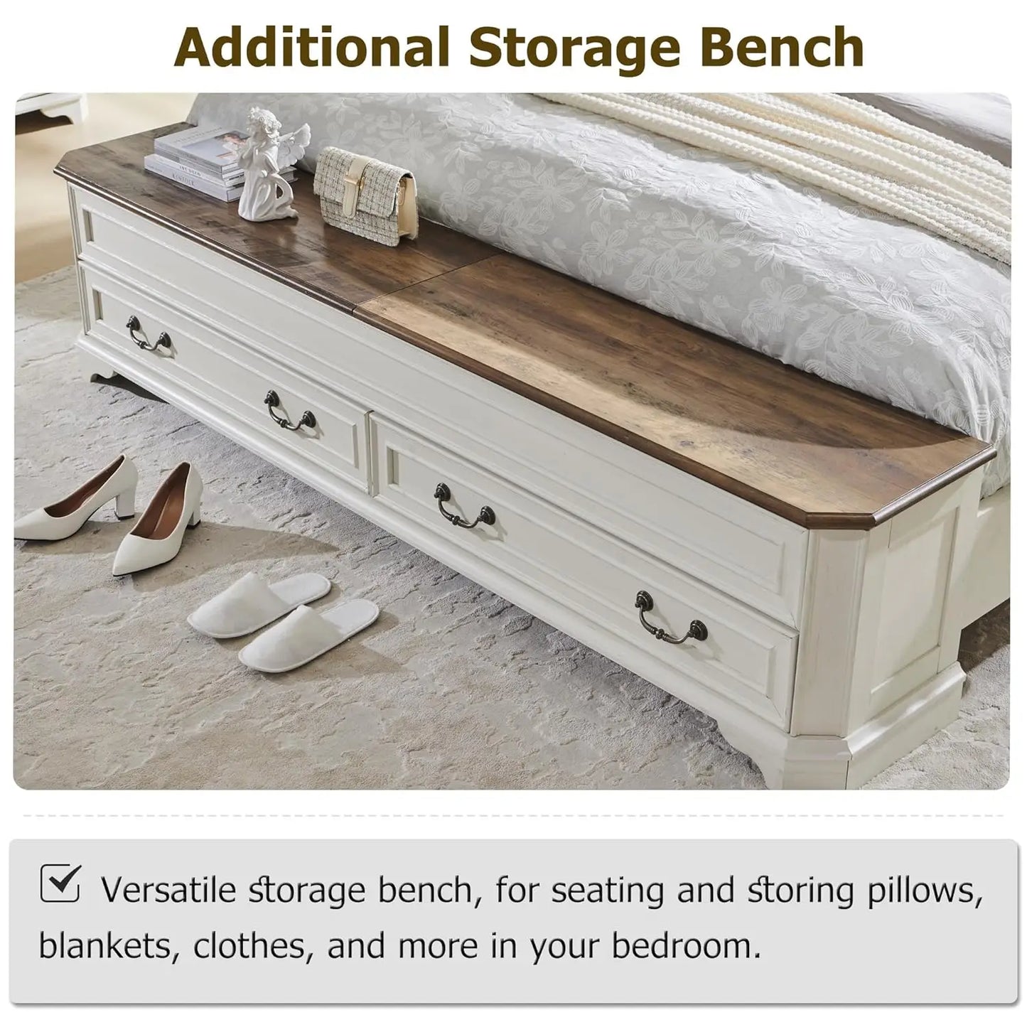Farmhouse King Bed with Headboard and Storage Bench, Rustic Wood Platform Bed with 80" Storage Chest w/ 4 Large, Customized