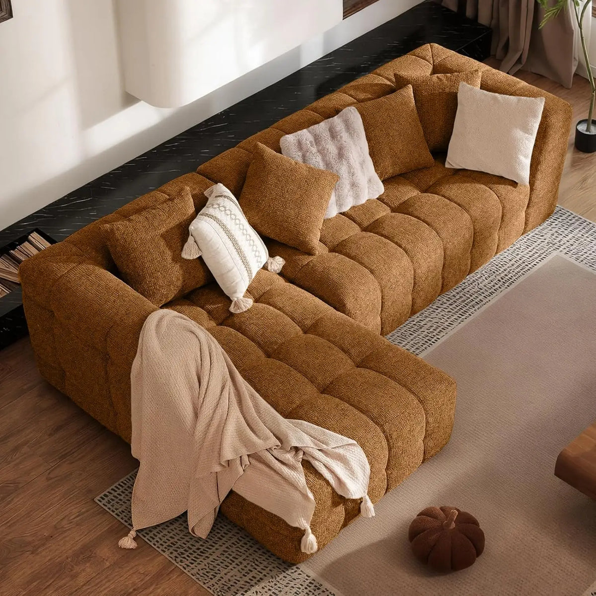 Modern Chenille L Shaped Tufted Sectional Sofa With Boneless Design