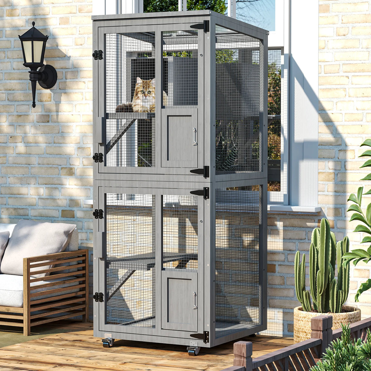 4-Tier Outdoor Cat Catio Enclosure, Large Cat Playpen with Wheels,Waterproof Roof,4 Doors & Resting Box,Grey/Black