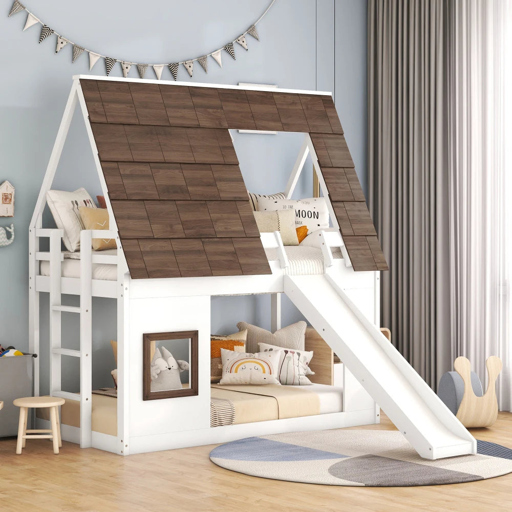 Wooden House Bunk Bed With Roof Ladder And Slide