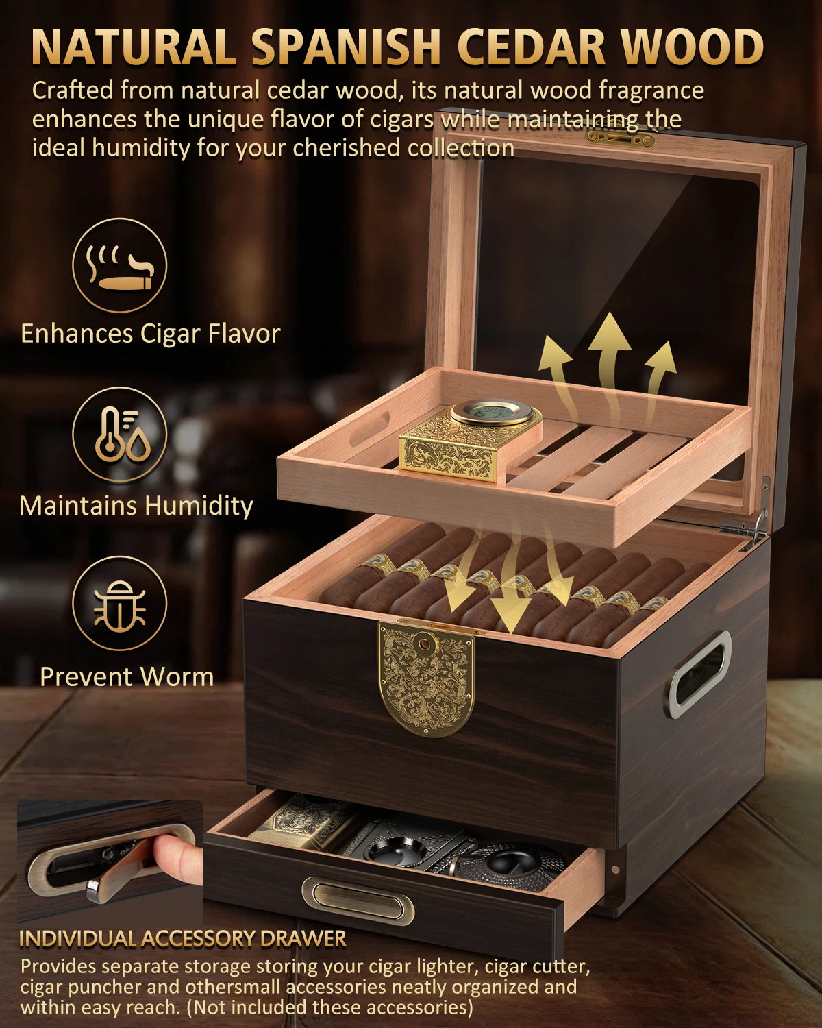 Premium Cedar Wood Cigar Humidor Gift Set With Hygrometer