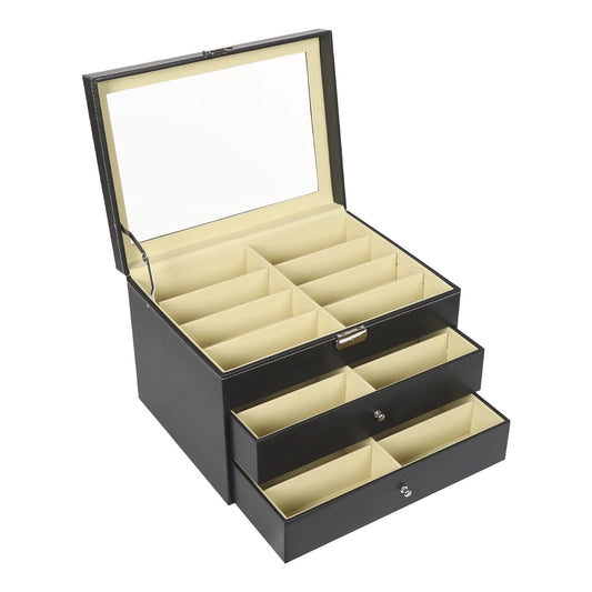 3 Layer Leather Sunglass Organizer Box Drawer Holds 24 Sunglasses