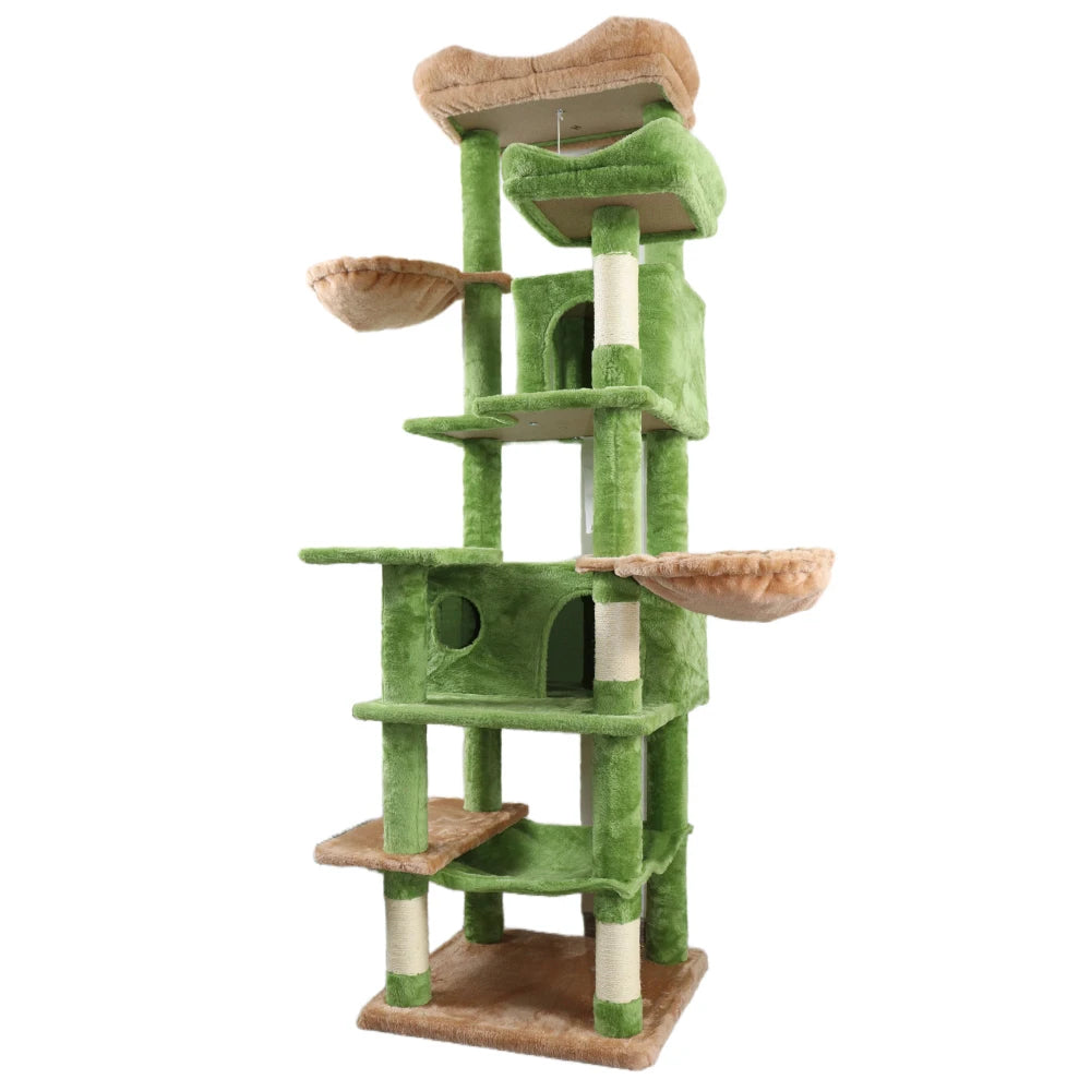 68-Inch Tall Green Multi-Level Cat Tree for Indoor Cats, Particle Board Cat Tower with Hammocks, Hanging Basket, Cat Cave, Removable Cushion, Scratching Posts and Plush Top Perch, Cat Furniture for Climbing and Resting, Green
