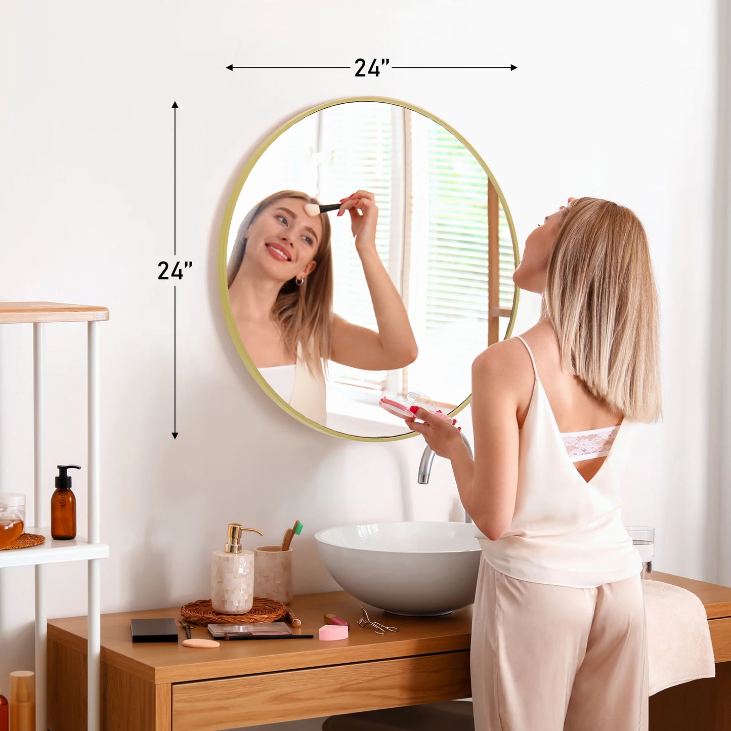 JHK Gold Round Vanity Mirror, Framed Wall Mount, Tempered Glass