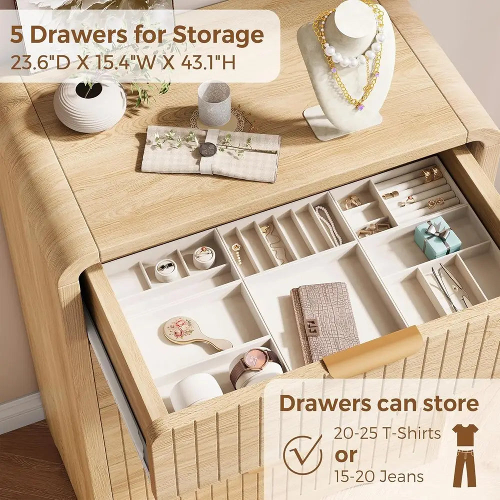 5 Drawer Tall Dresser with Curved Profile Design, Suitable for Bedroom, Natural Oak Finish