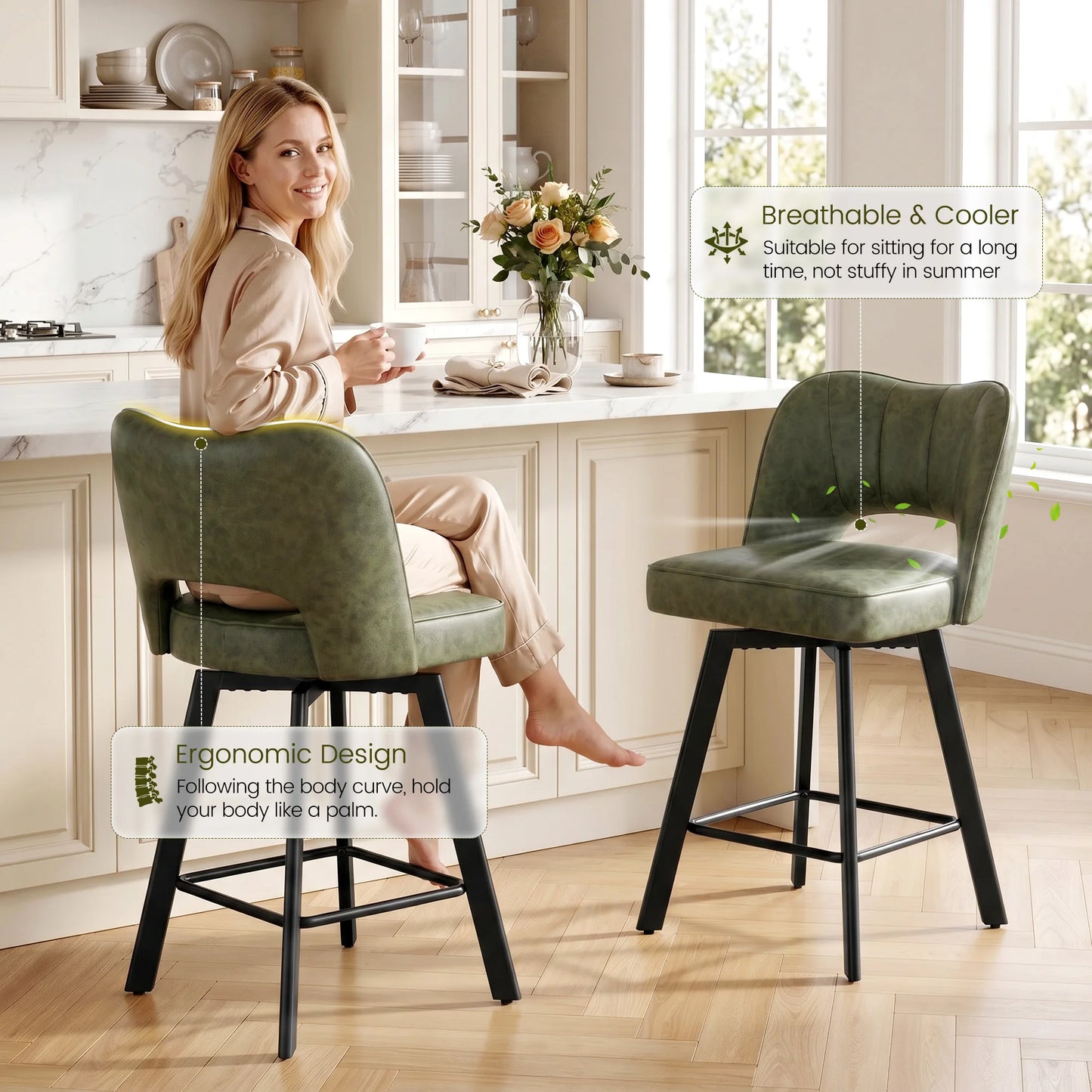 Counter Height Swivel Bar Stools With Adjustable Metal Frame