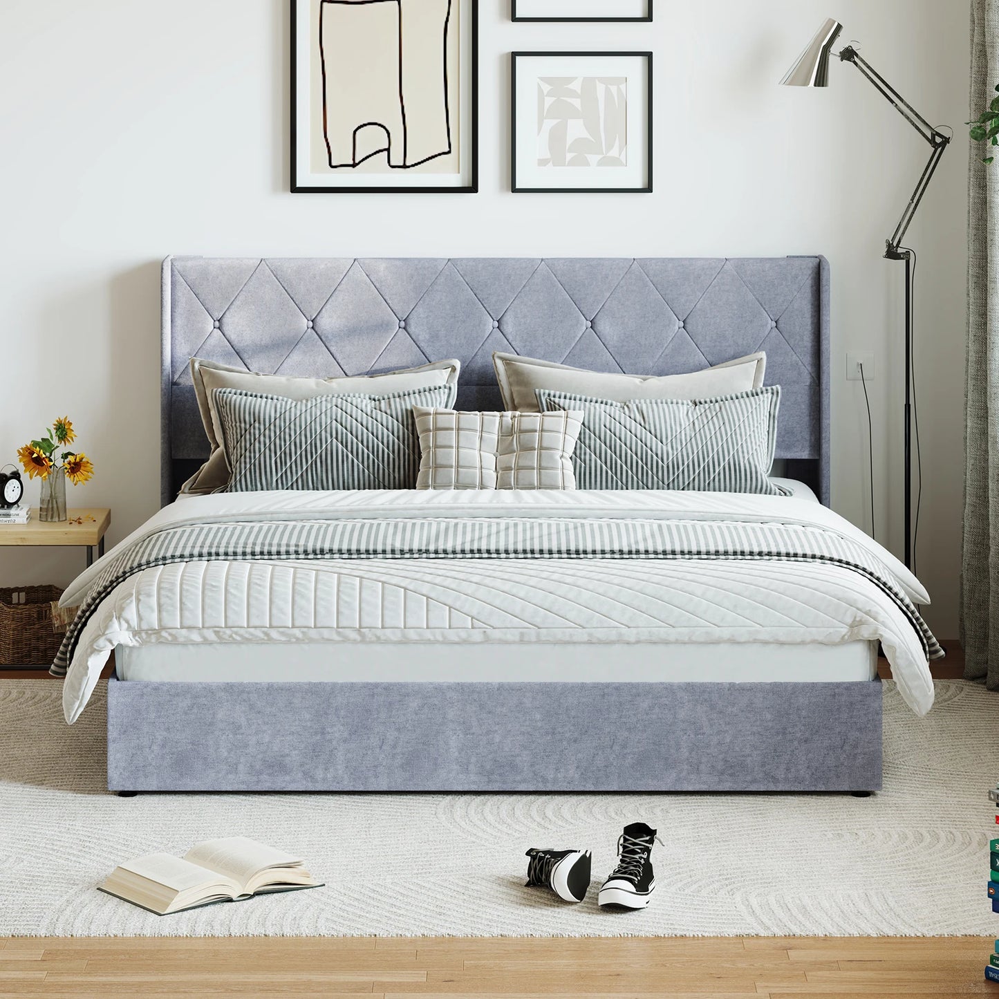 JHK Hydraulic Lift Storage Bed Featuring Wingback Headboard
