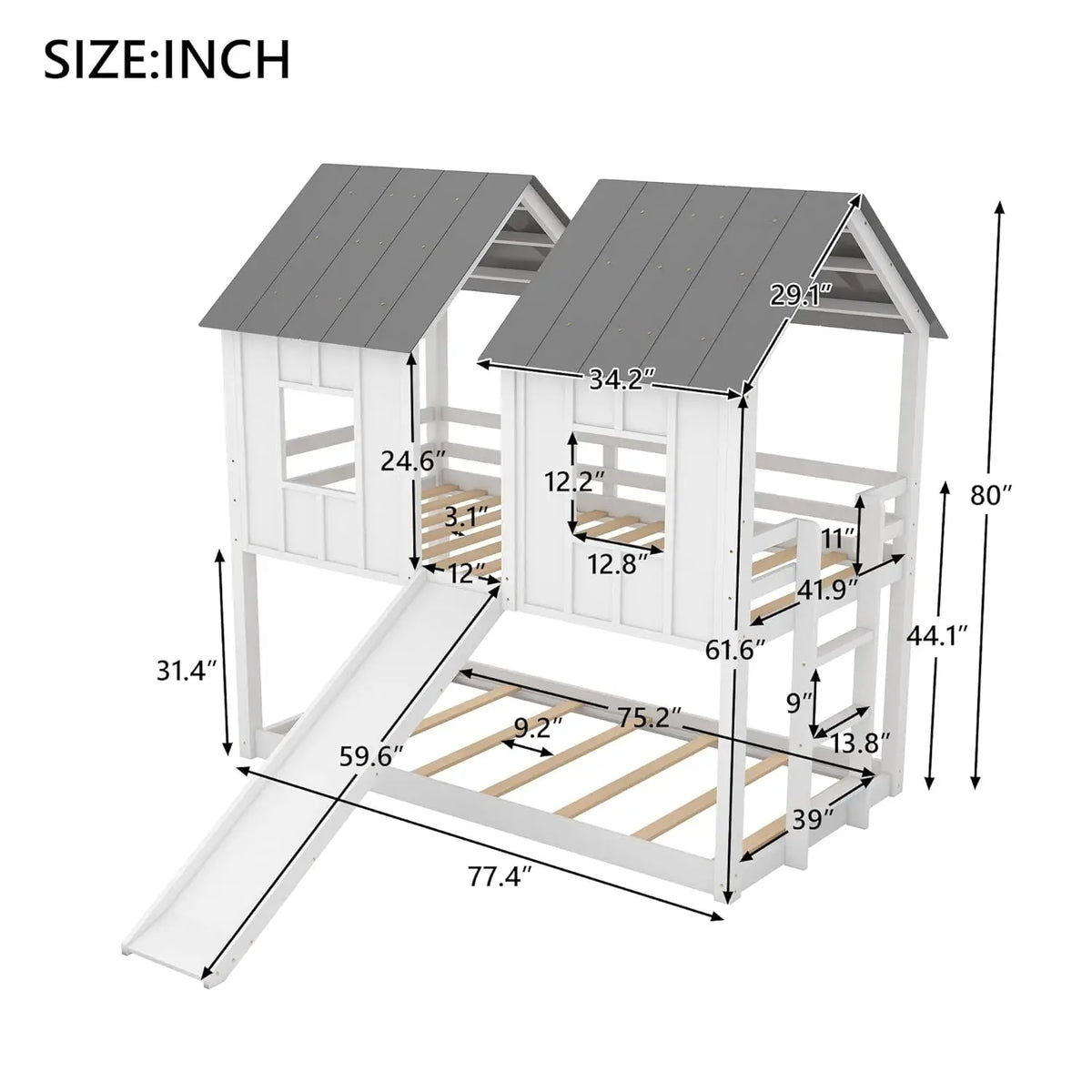 Wooden Bunk Bed Twin Size with Ladder Guardrails Slide Windows for Kids Bedroom, Customized