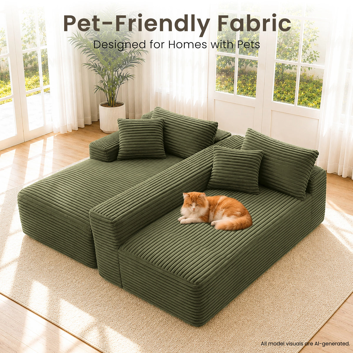 95" Modular Sectional Sofa with Chaise, Deep Seat Corduroy Cloud Couch, No Assembly Modern L Shaped Sofa for Living Room, Oversized Comfortable Lounge Couch Furniture, Space Saving Apartment Sofa, Cozy Home Seating with Remov