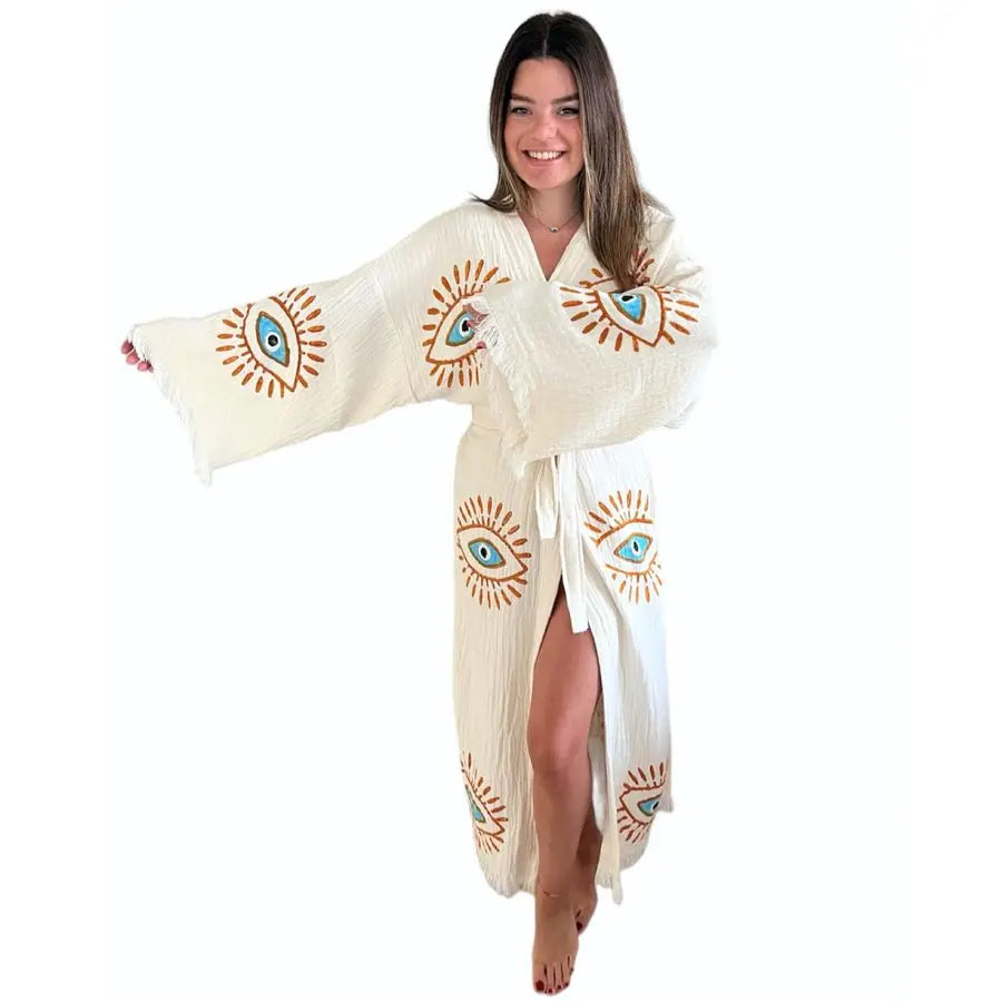 Evil Eye Kimono Beach Cover Up Boho Cotton Robe Festival