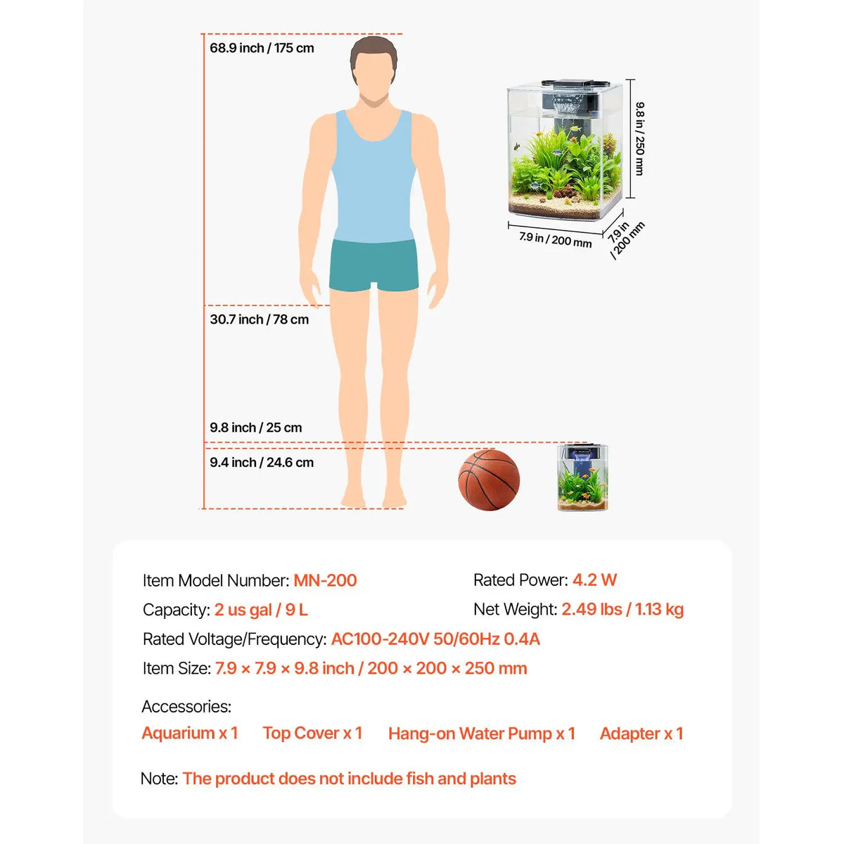 Fish Tank Aquarium, 2 Gallon Arch Ultra-Clear GPPS Starter Smart Tank Adjustable 3 Color Lighting, Self Cleaning System Fishbowl